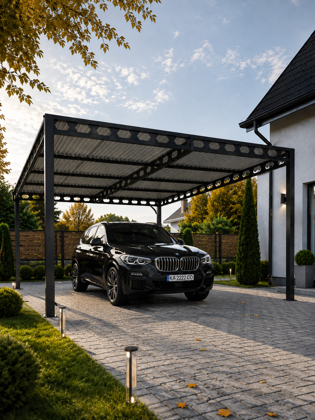 Чорний сталевий навіс Аркос із чорним BMW у дворі